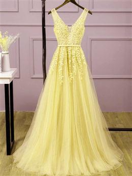 Picture of Pretty Light Yellow Tulle Long Party Dresses, A-line Prom Dresses Evening Gowns